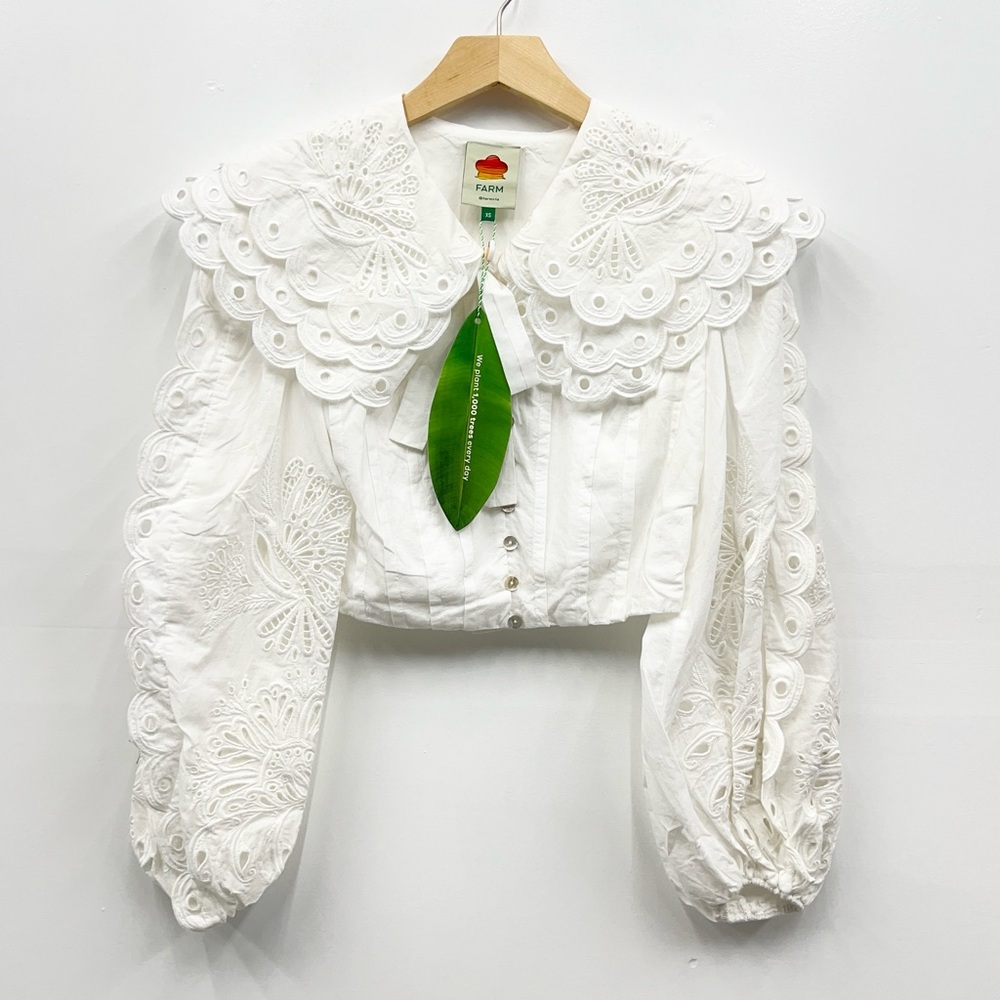 FARM Rio White Eyelet Embroidered Cropped Blouse